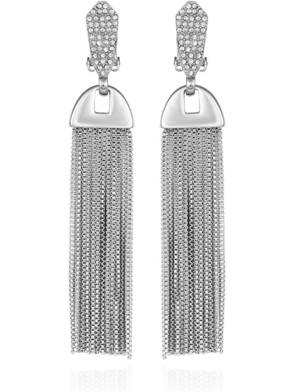 Elegant Crystal Glass Stone Tassel Dangle Drop Earrings in Silvertone - Chic